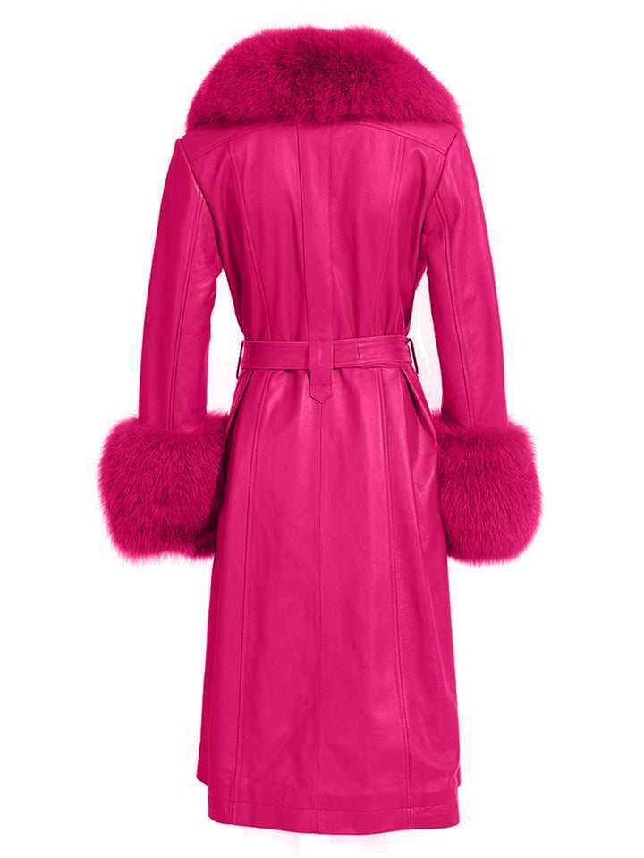 Foxy Leather Coat w/ Fox Fur In Fuchsia