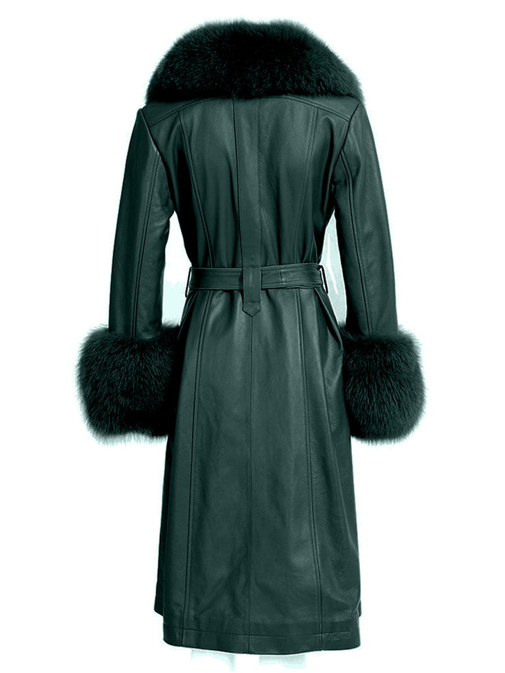 Foxy Leather Coat w/ Fox Fur In Deep Green