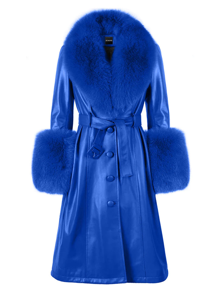 Foxy Leather Coat w/ Fox Fur In Blue