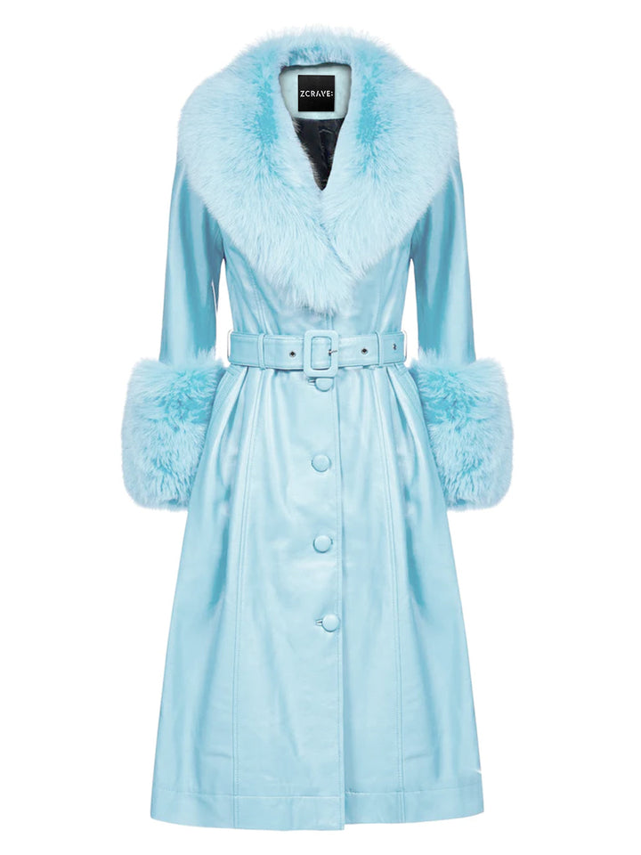 Foxy Leather Coat w/ Fox Fur In Baby Blue