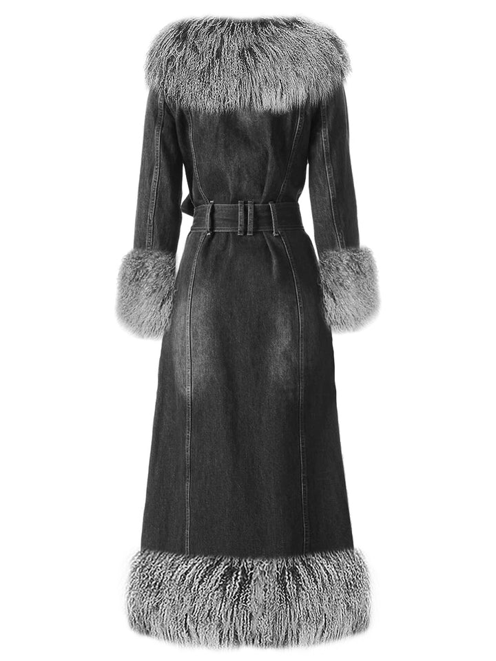 MEDUSA Denim Coat w/ Shearling Fur in Black