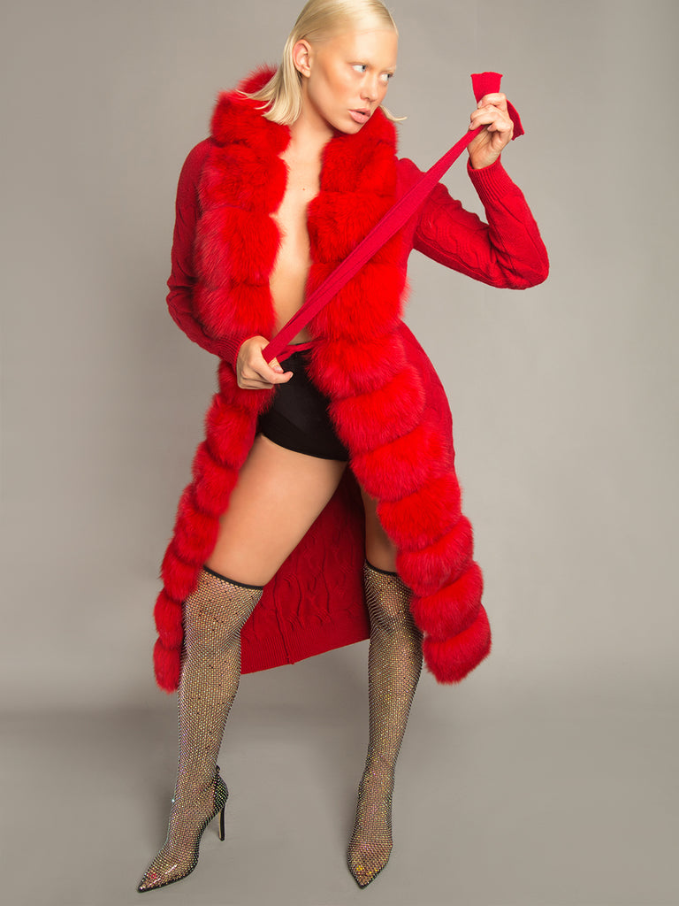 CAVO Fur & Cashmere Cardigan in Red