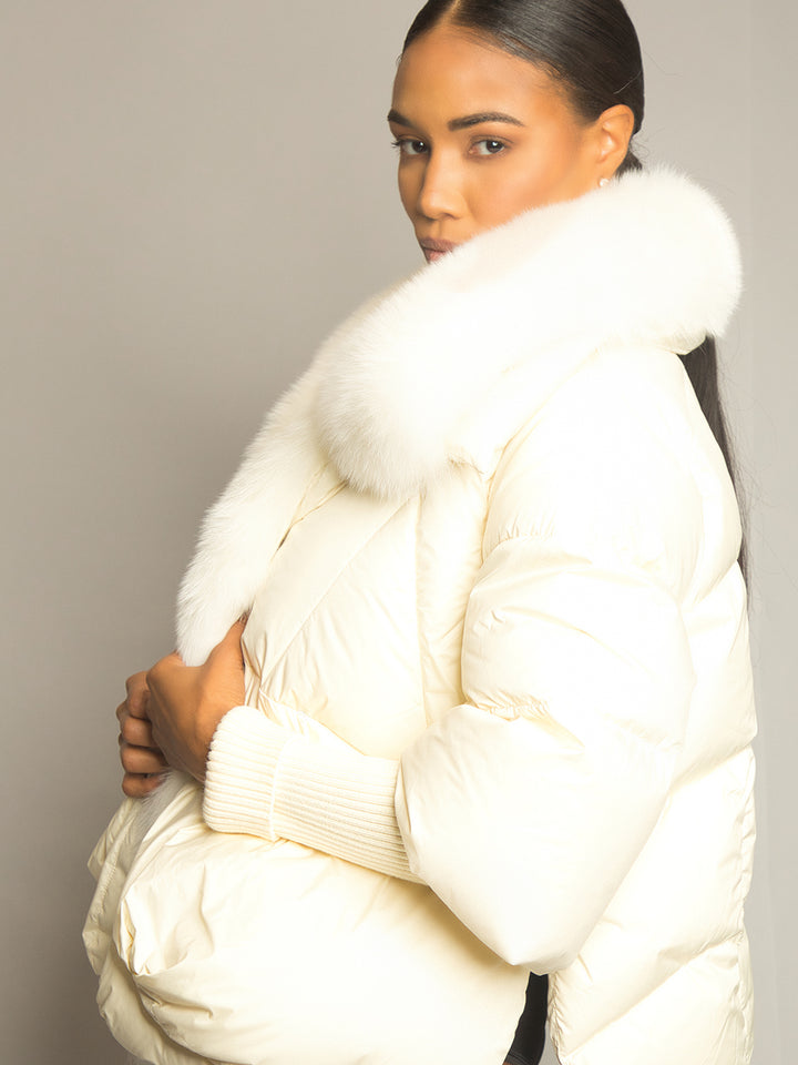 Fur Trim Puffer Jacket in White