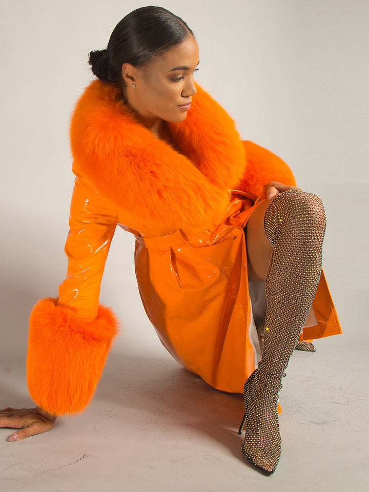 Patent Leather Coat w/ Fox Fur In Orange – ZCRAVE