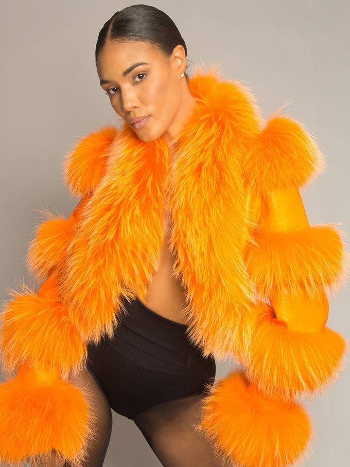 LITALY Fur Trim Leather Jacket in Orange