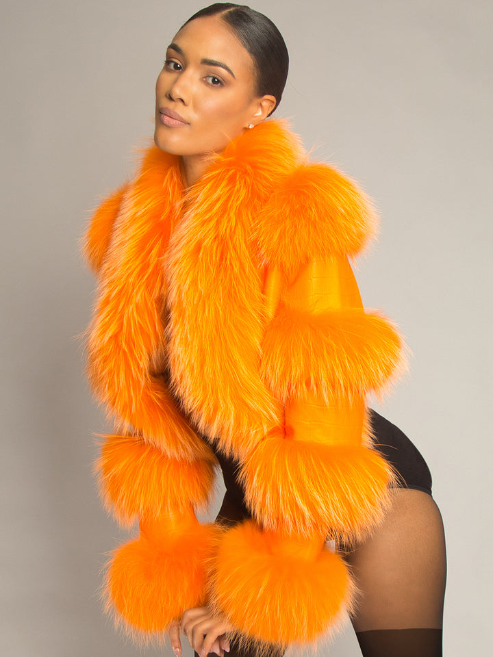 LITALY Fur Trim Leather Jacket in Orange