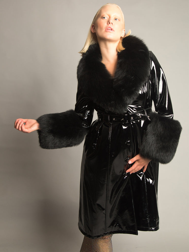 Patent Leather Coat w/ Fox Fur In Black