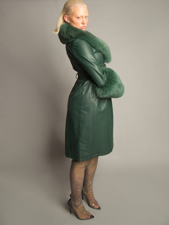 Foxy Leather Coat w/ Fox Fur In Deep Green