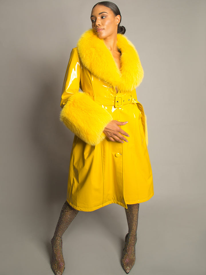 Patent Leather Coat w/ Fox Fur In Yellow