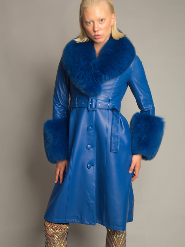 Foxy Leather Coat w/ Fox Fur In Blue