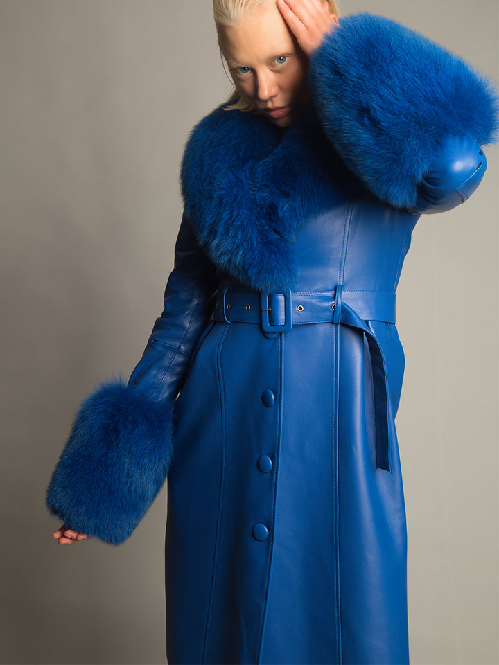 Foxy Leather Coat w/ Fox Fur In Blue