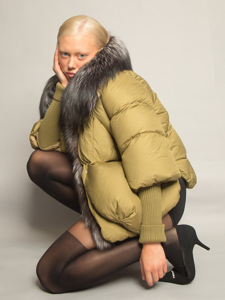 Fur Trim Puffer Jacket in Khaki & Gray