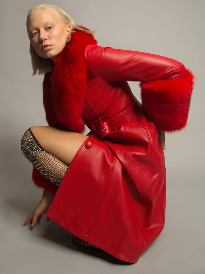 Foxy Leather Coat w/ Fox Fur In Red
