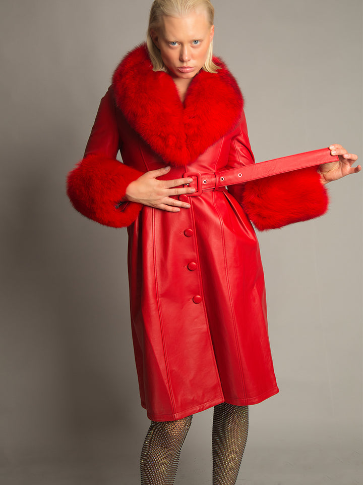 Foxy Leather Coat w/ Fox Fur In Red