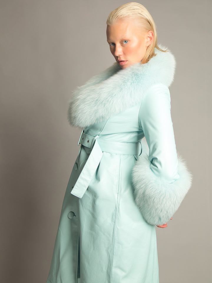 Foxy Leather Coat w/ Fox Fur In Baby Blue