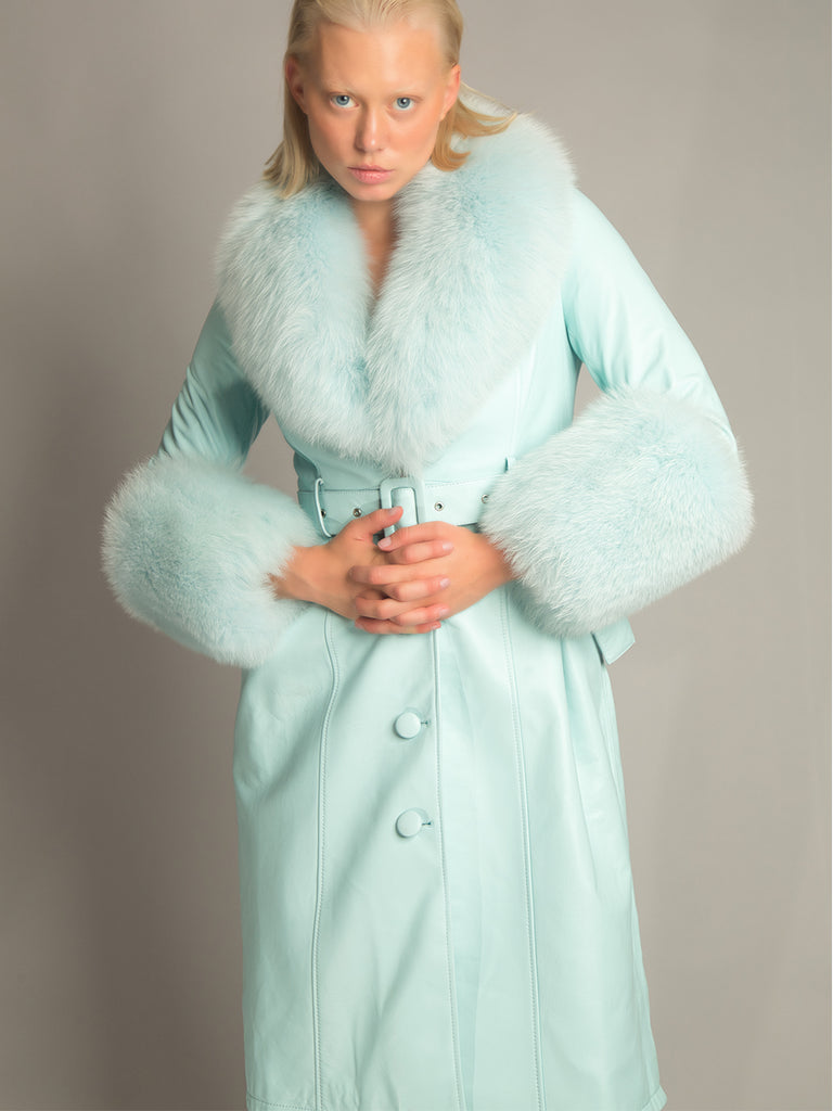 Foxy Leather Coat w/ Fox Fur In Baby Blue