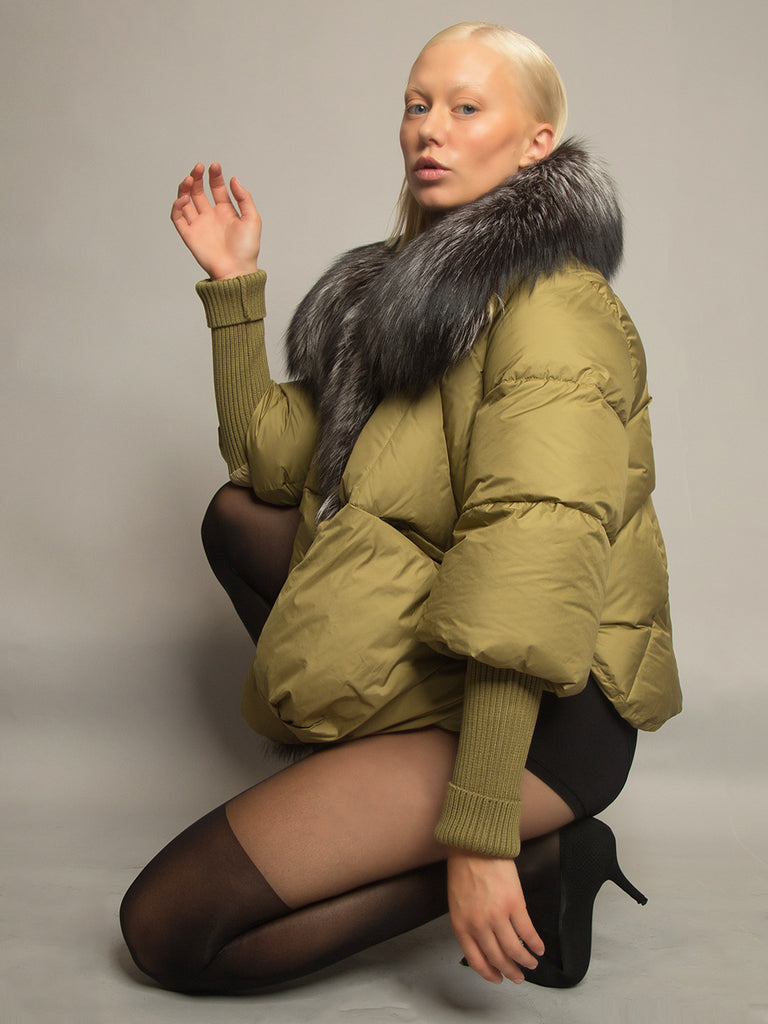 Fur Trim Puffer Jacket in Khaki & Gray