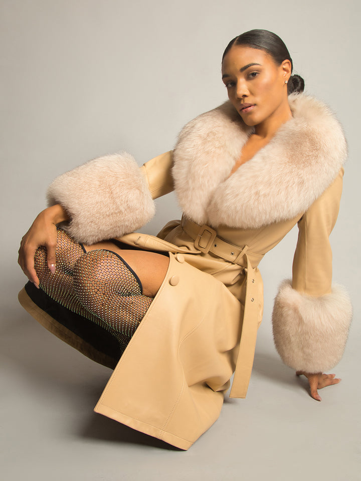 Foxy Leather Coat w/ Fox Fur In Tan