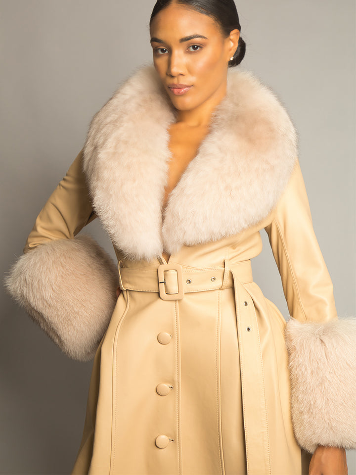 Foxy Leather Coat w/ Fox Fur In Tan