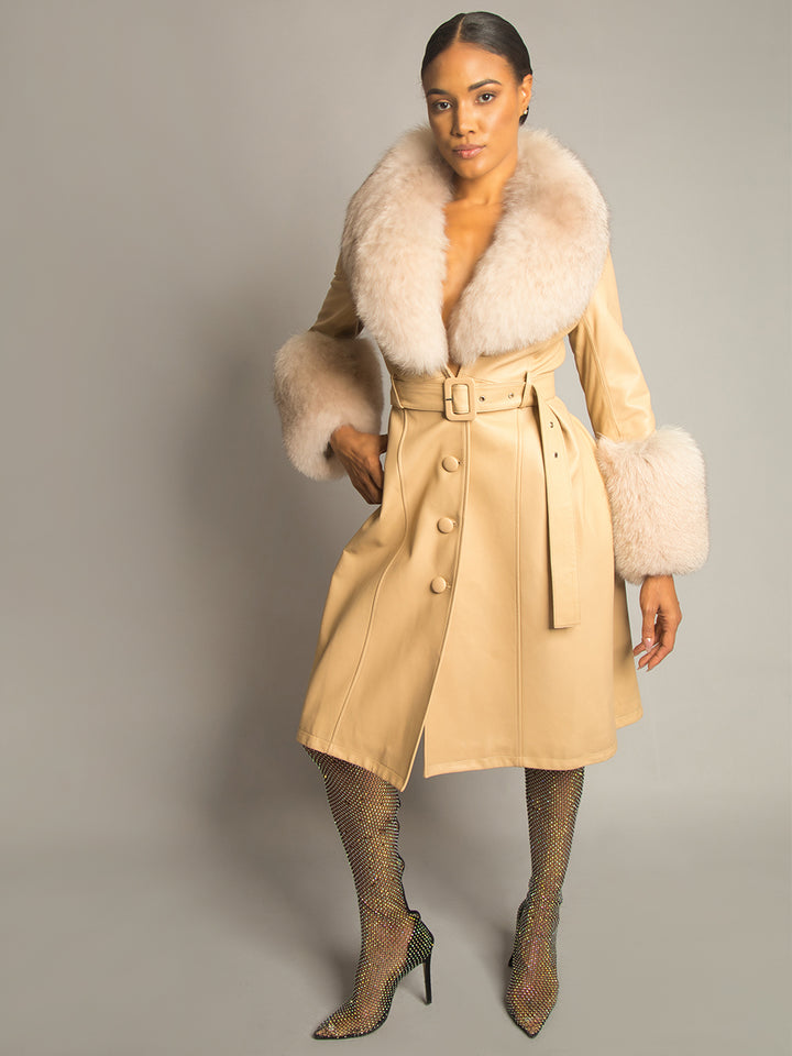 Foxy Leather Coat w/ Fox Fur In Tan