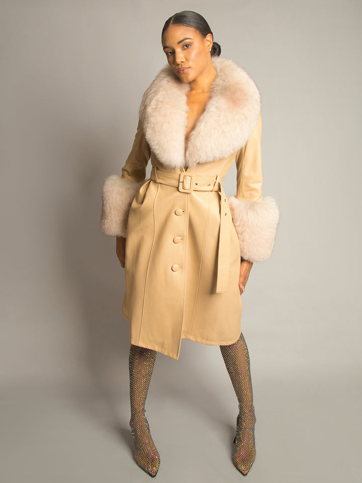 Foxy Leather Coat w/ Fox Fur In Tan