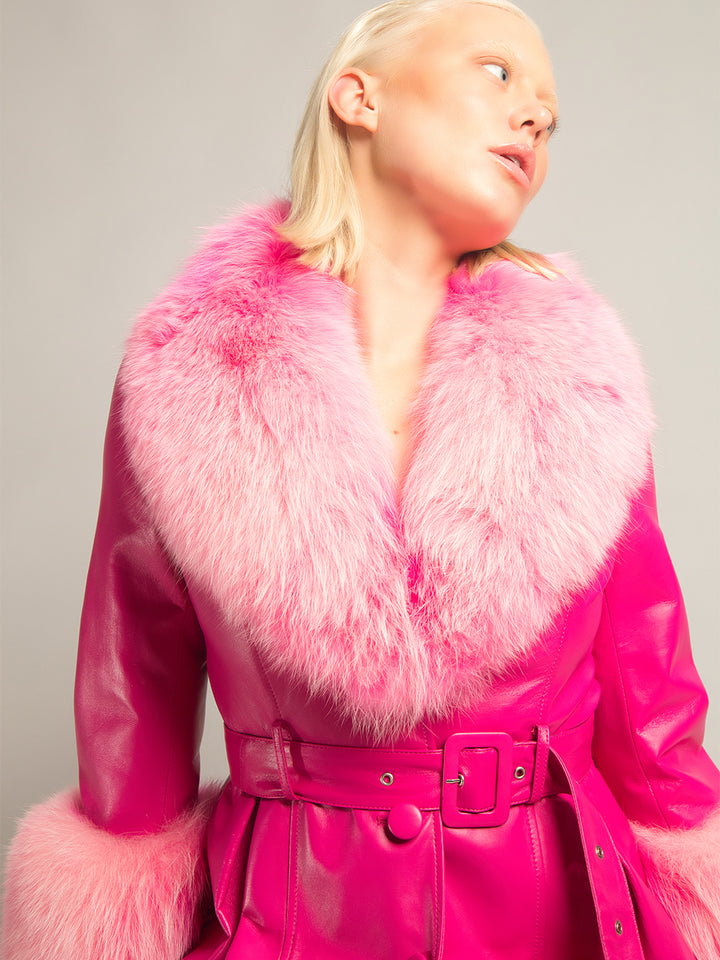 Foxy Leather Coat w/ Fox Fur In Fuchsia