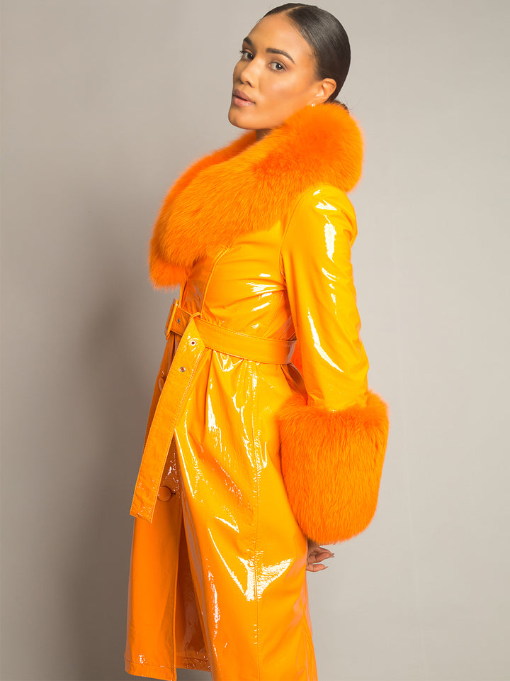 Patent Leather Coat w/ Fox Fur In Orange