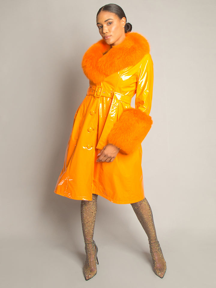 Patent Leather Coat w/ Fox Fur In Orange