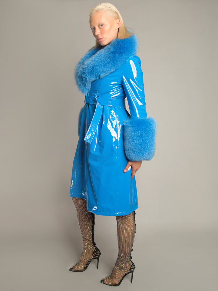 Patent Leather Coat w/ Fox Fur In Blue