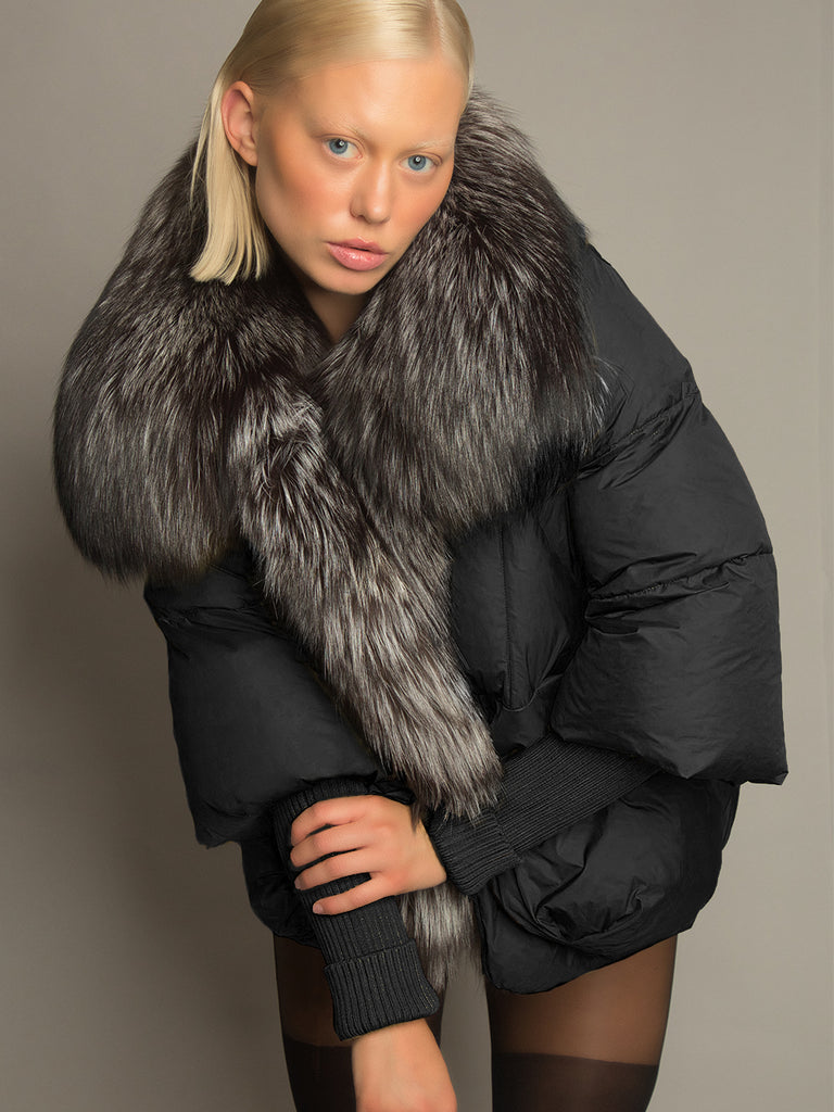 Fur Trim Puffer Jacket in Black & Gray