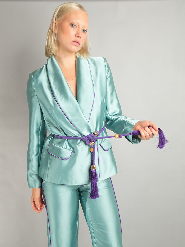 PJ Satin Blazer + Pants Matching Set in Turquoise