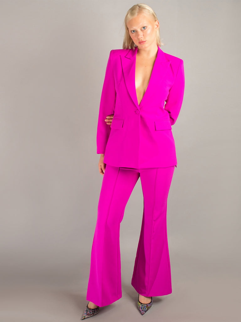 Hot Pink Bell Bottom Pants Suit Set With Blazer, Pink Blazer