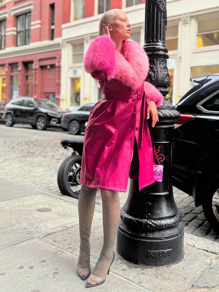 Foxy Leather Coat w/ Fox Fur In Fuchsia