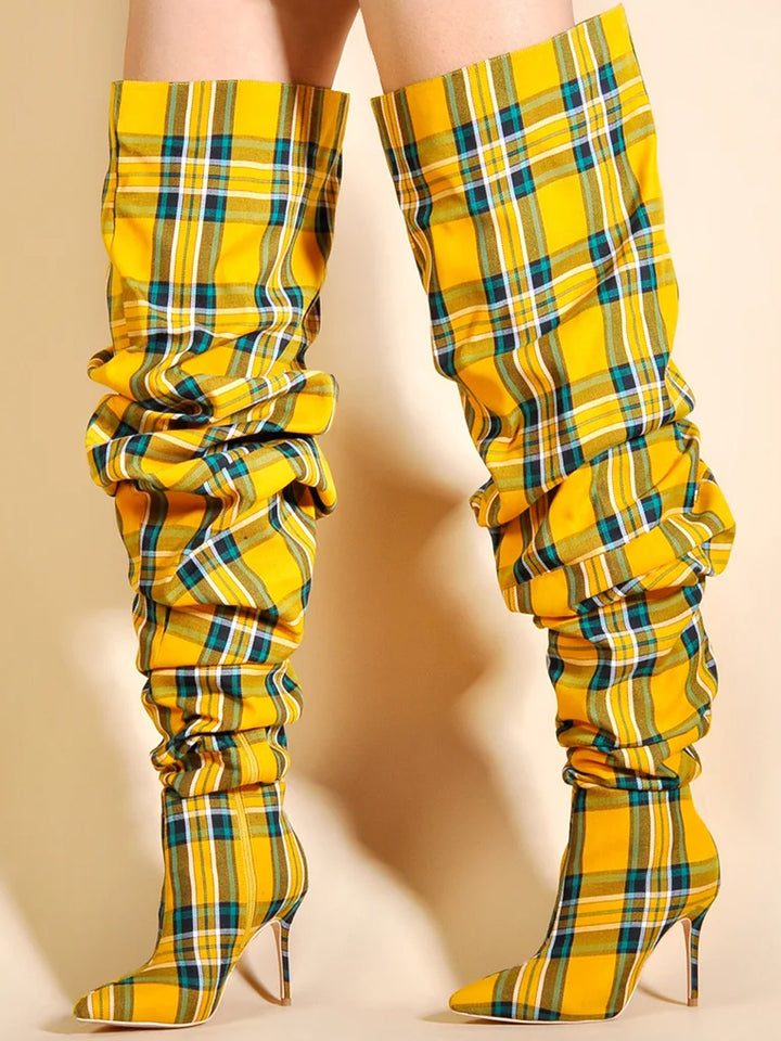 Ruched Over Knee Boots In Yellow & Green