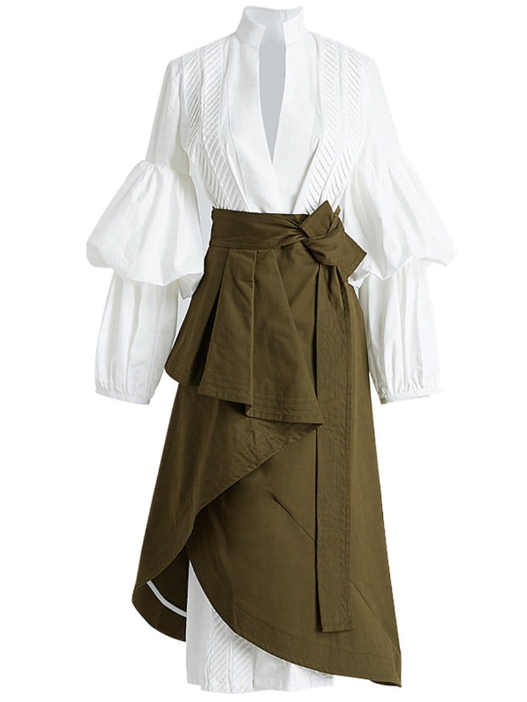 Puff-Sleeved Dress & High-Waist Lace-Up Ruched Irregular Skirt