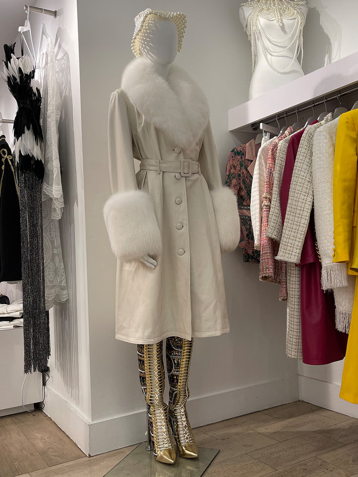 Faux Fur Genuine Leather Coat In White