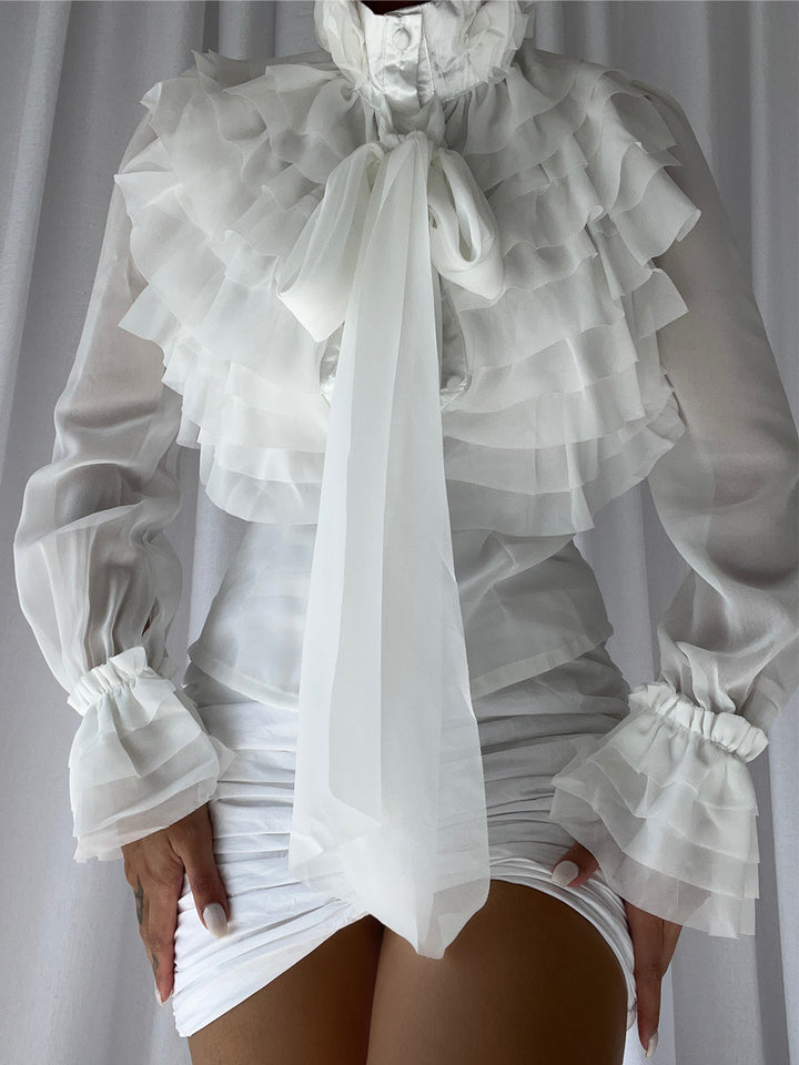 CORAL Bowknot Ruffle Blouse in White