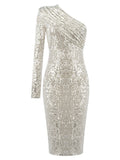ETELLE Sequins One Shoulder Midi Dress in Silver