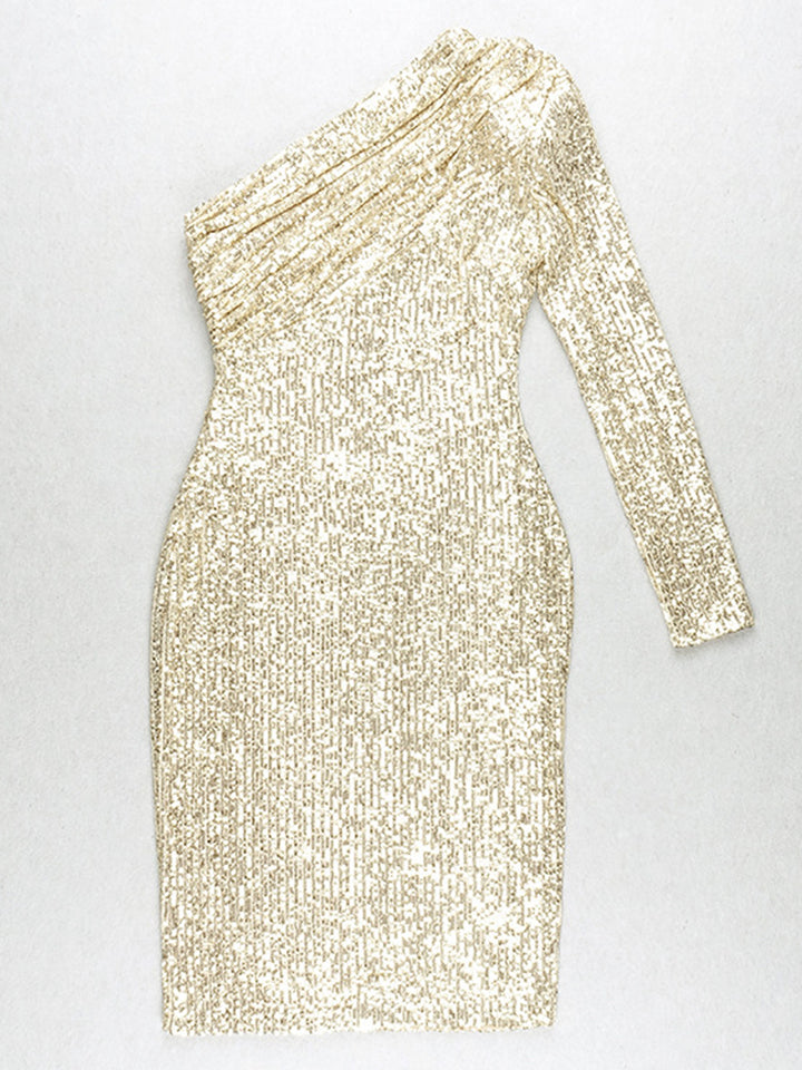 ETELLE Sequins One Shoulder Midi Dress in Gold
