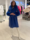 Faux Fur Genuine Leather Coat in Navy Blue