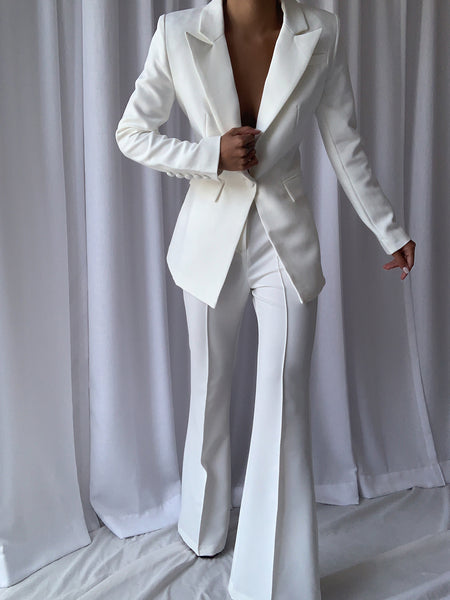 NAOMA Blazer & Flared Pants Set in White – ZCRAVE