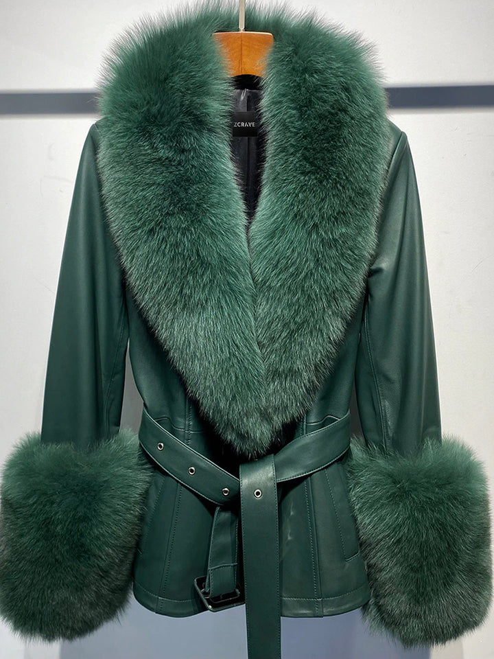 Fur Foxy Leather Short Coat in Deep Green