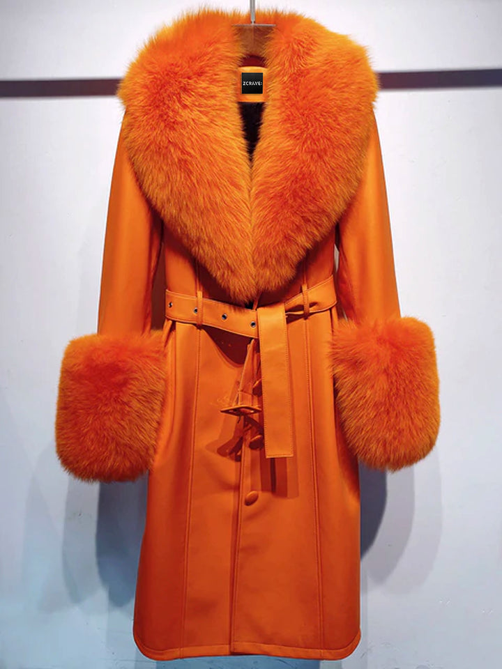 Faux Fur Genuine Leather Coat in Orange