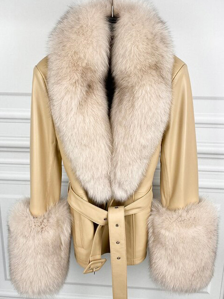 Fur Foxy Leather Short Coat in Beige