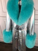 Faux Fur Genuine Leather Coat in Silver / Turquoise