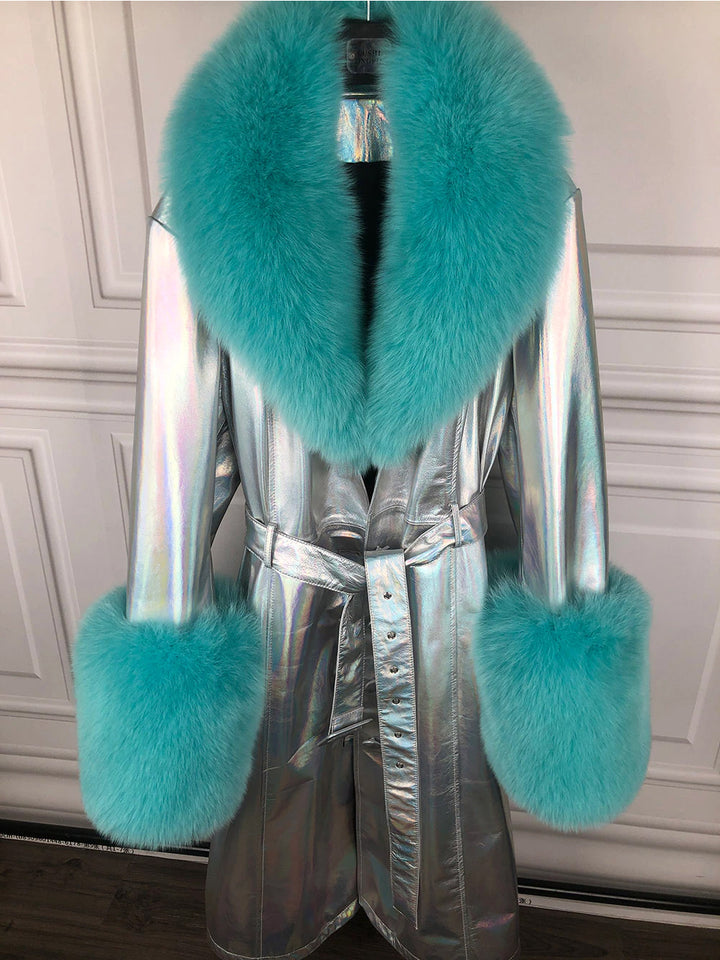 Faux Fur Genuine Leather Coat in Silver / Turquoise
