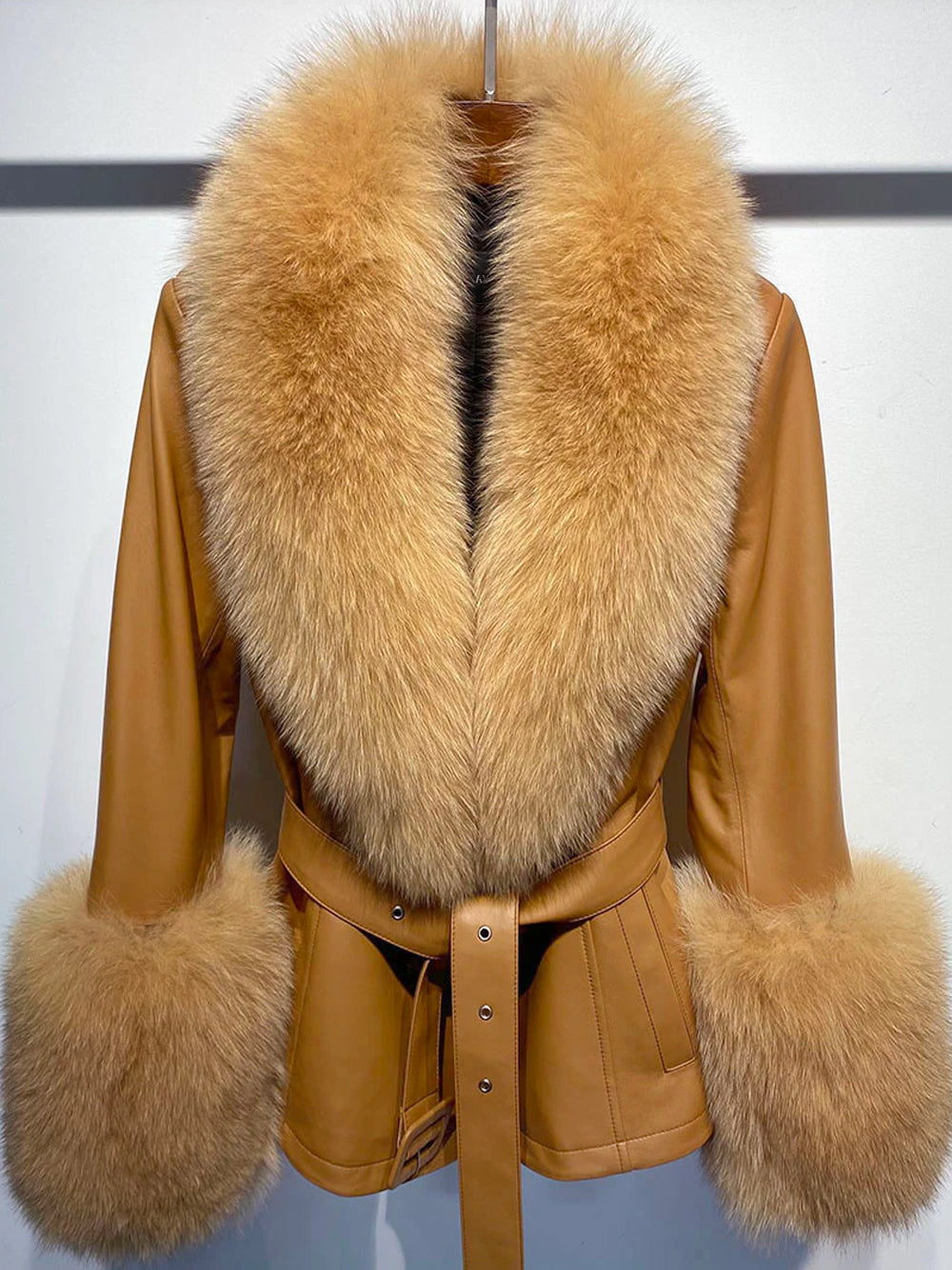 Fur Foxy Leather Short Coat in Tan