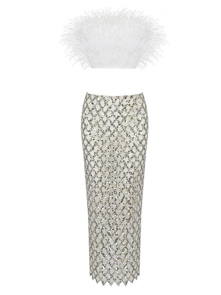 MAGLINA Feather Top & Sequins Skirt Set in White