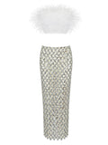 MAGLINA Feather Top & Sequins Skirt Set in White