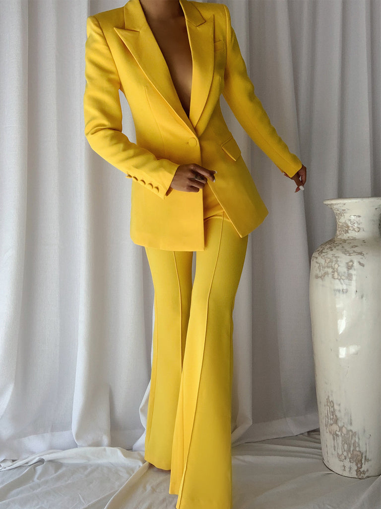 Blazer Set Neon Yellow For Women + Flare Trousers Suit
